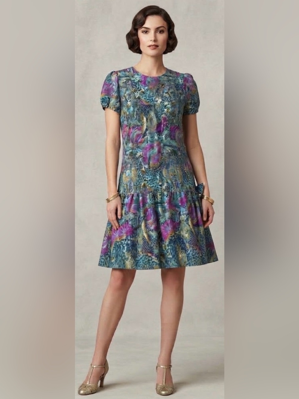 Vintage Jasmine Dress Women’s Medium tread Purple Fish Net Print Rayon Indie Art